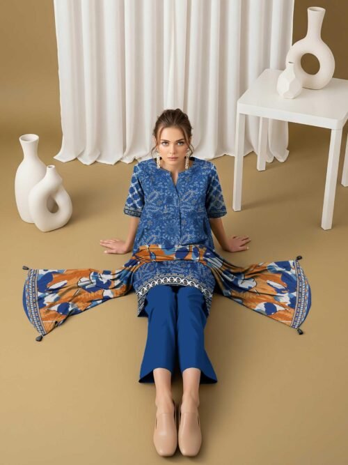 3 Piece Digital Print Blue Elegant Linen - Unstitched