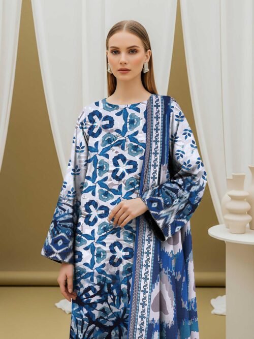 3 Piece Digital Print Elegant Linen - Unstitched Blue