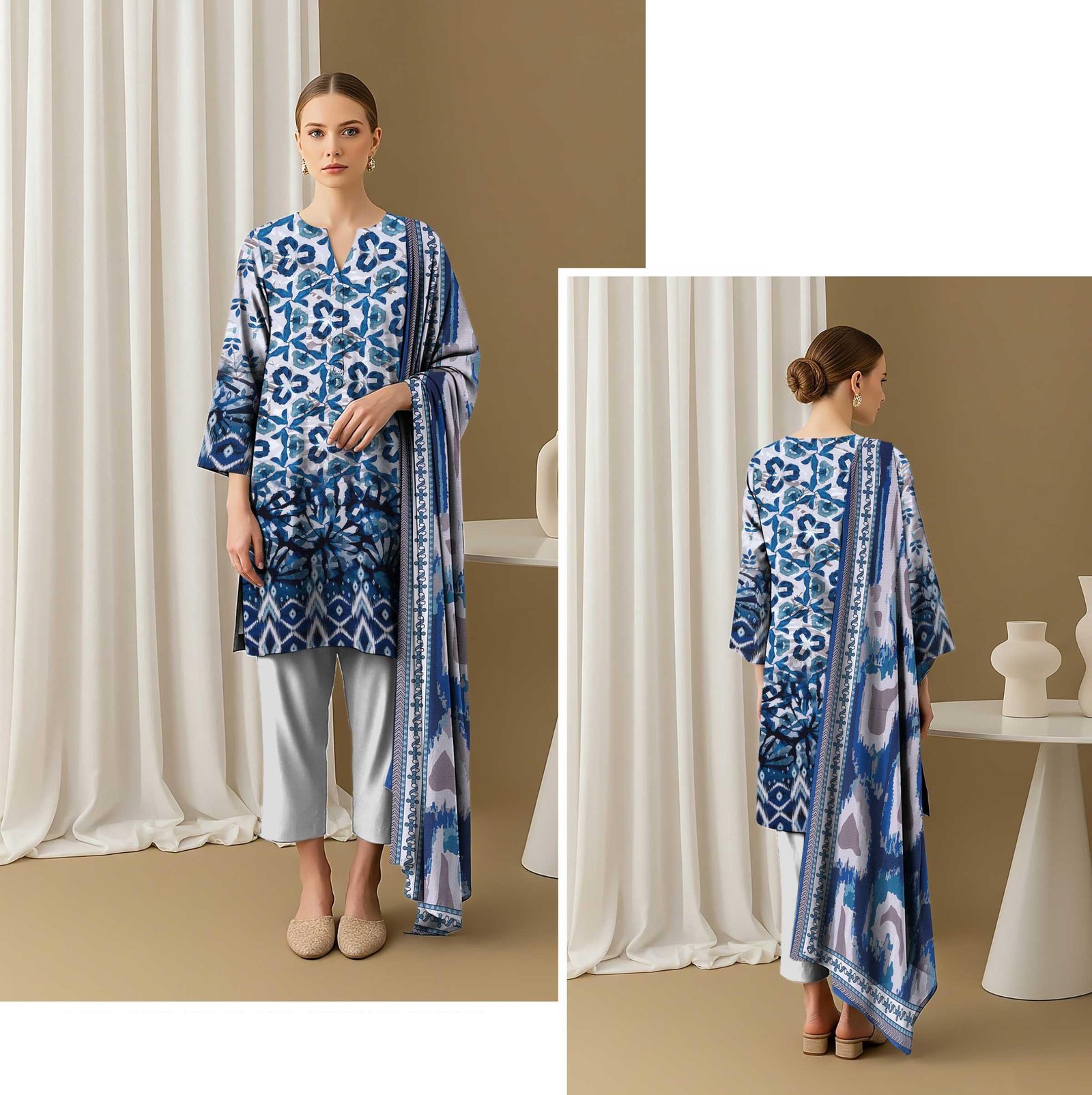 3 Piece Digital Print Elegant Linen - Unstitched Blue1