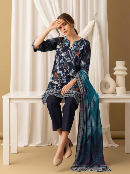 3 Piece Digital Print Elegant Linen - Unstitched Dark Blue