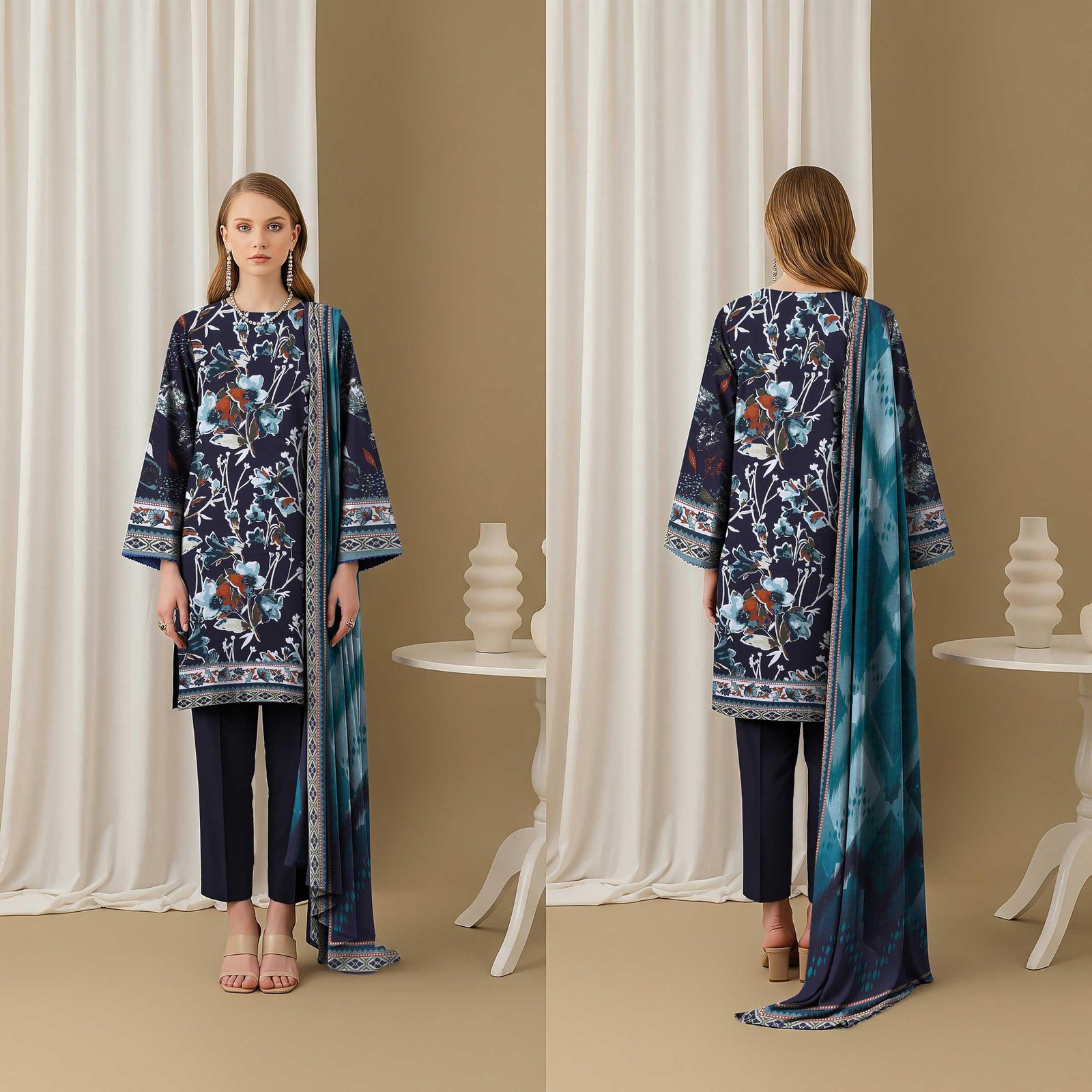3 Piece Digital Print Elegant Linen - Unstitched Dark Blue1