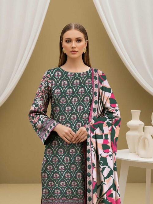 3 Piece Digital Print Elegant Linen - Unstitched Green