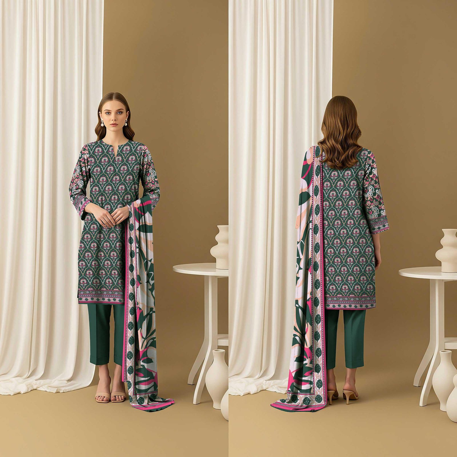 3 Piece Digital Print Elegant Linen - Unstitched Green1