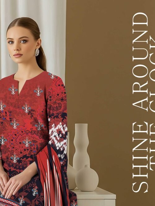 3 Piece Digital Print Elegant Linen - Unstitched Red