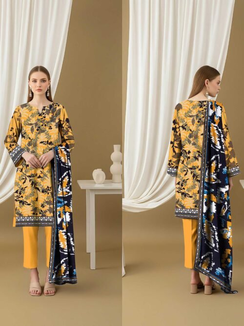3 Piece Digital Print Elegant Linen - Unstitched Yellow.