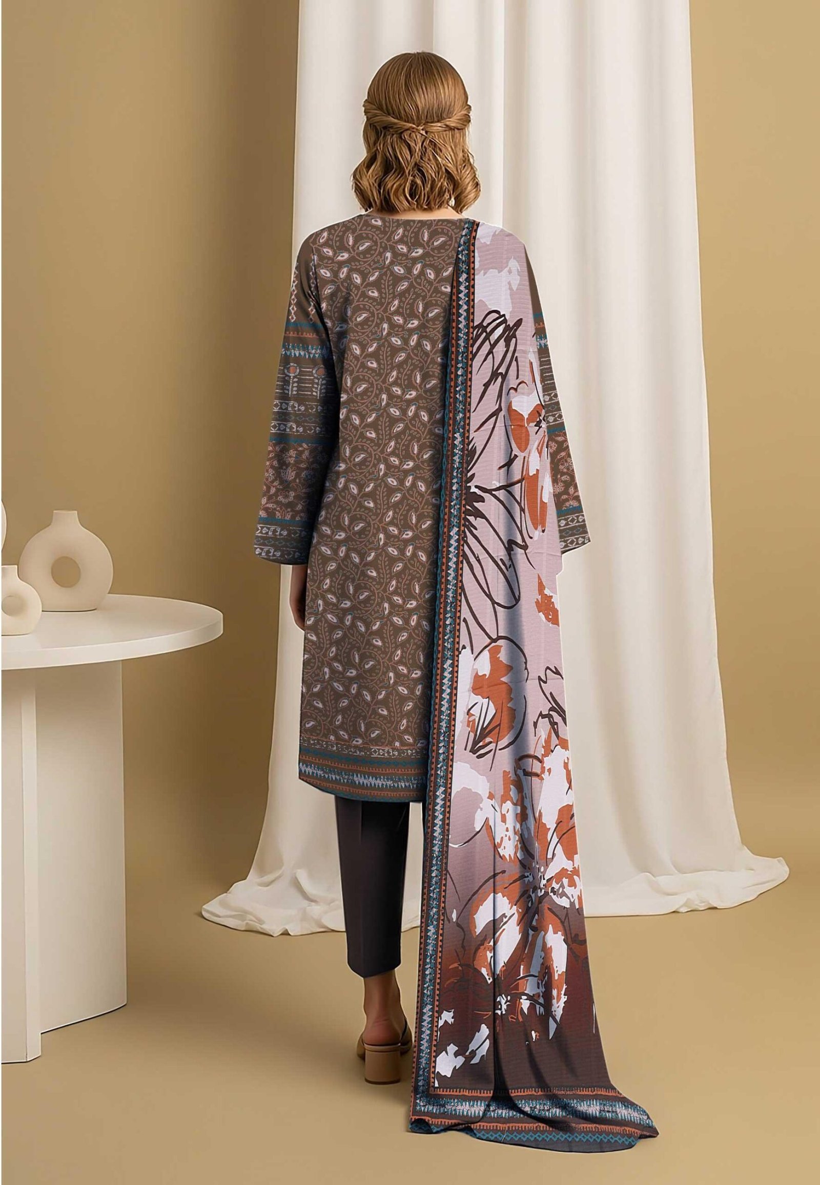 3 Piece Digital Print Elegant Linen - Unstitched brown1