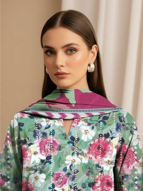 3 Piece Digital Print Green Elegant Linen - Unstitched