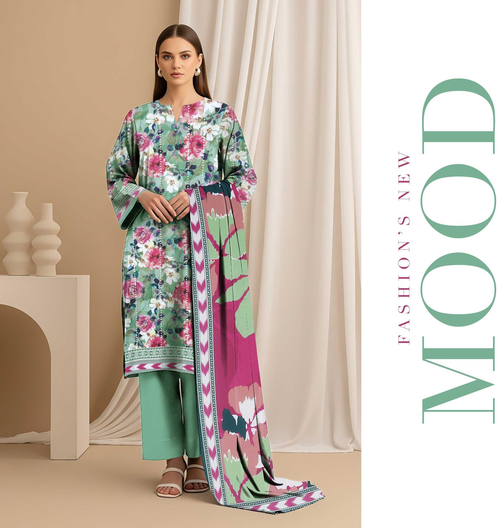 3 Piece Digital Print Green Elegant Linen - Unstitched.