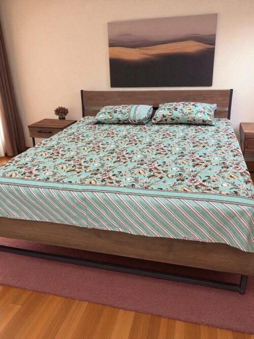 3PcsCottonSatinDoubleBedSheetLightGreen