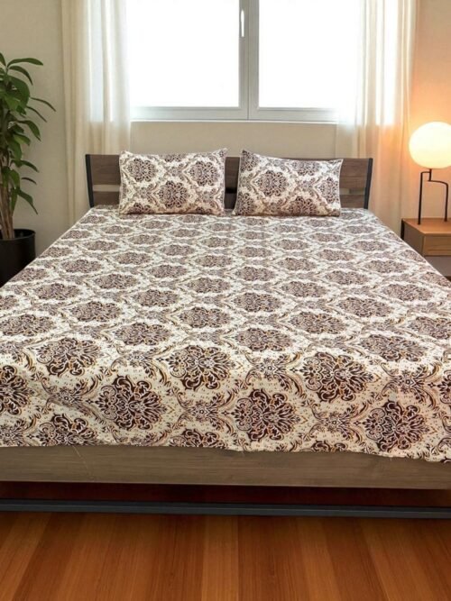3PcsCottonSatinDoubleBedSheetPrintedBrown