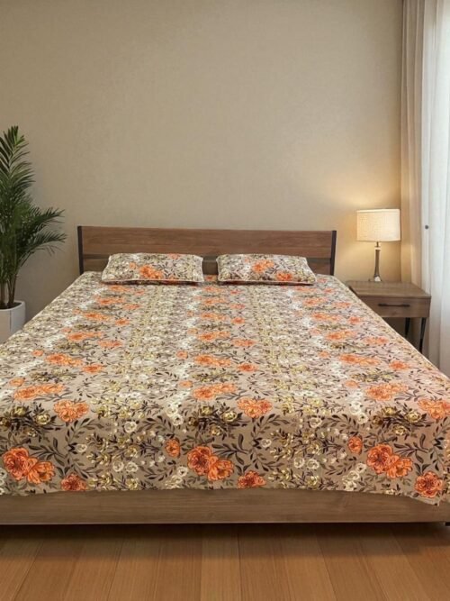 3PcsCottonSatinDoubleBedSheetPrintedBrownwithOrangeflower