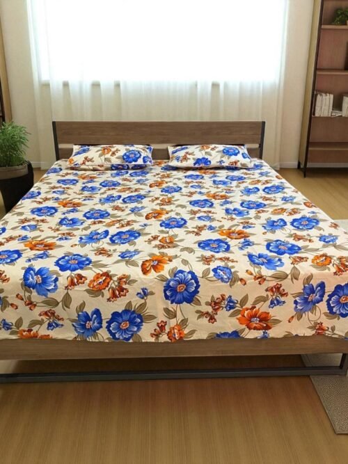 3PcsCottonSatinDoubleBedSheetPrintedOffwhite