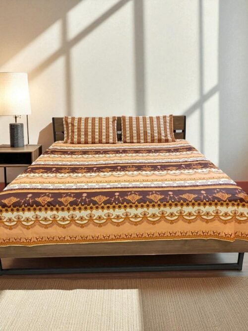3PcsPureCottonBrown-BeigePrintedBedSheetKingSize
