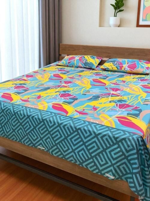 3PcsPureCottonPrintedBedsheetKingSizeBlue-Yellow