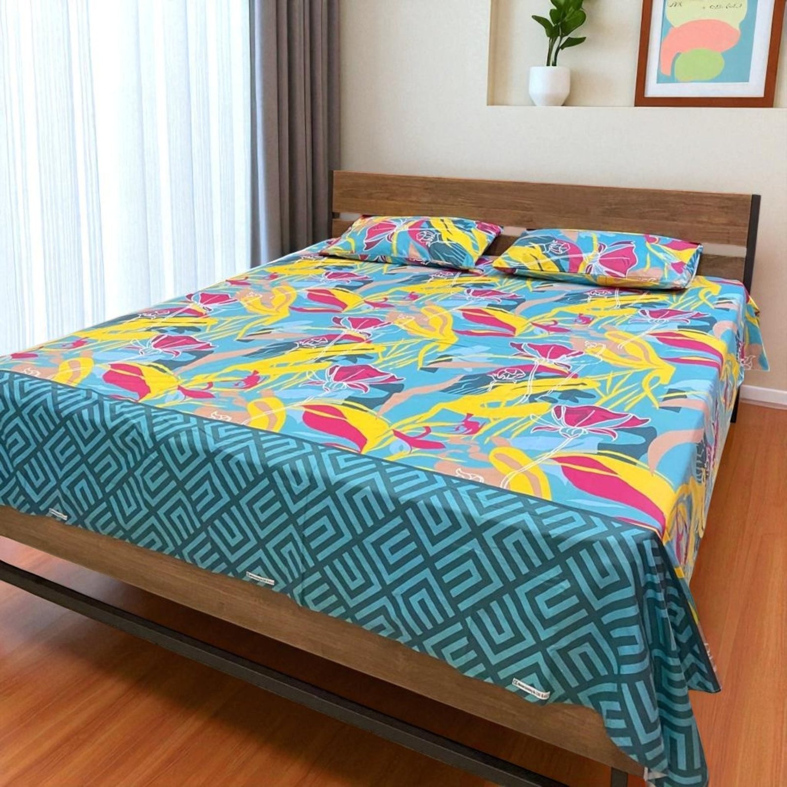 3PcsPureCottonPrintedBedsheetKingSizeBlue-Yellow