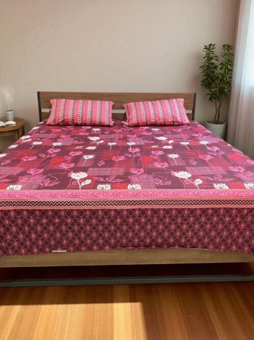 3PcsPureCottonPrintedBedsheetKingSizeDarkPink