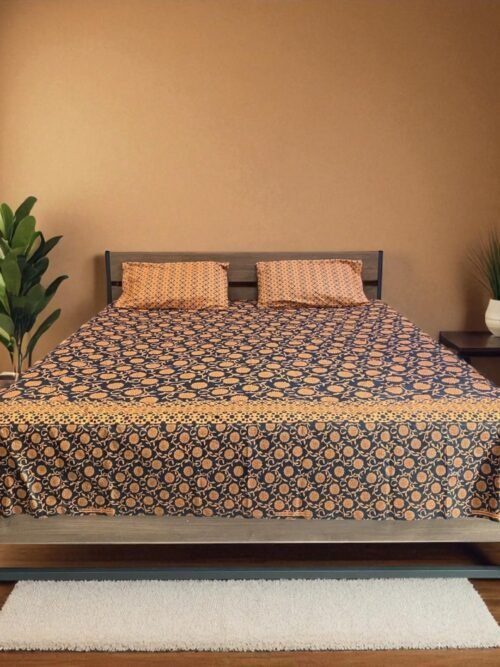 3PcsPureCottonPrintedBedsheetKingSizeOrange-Black