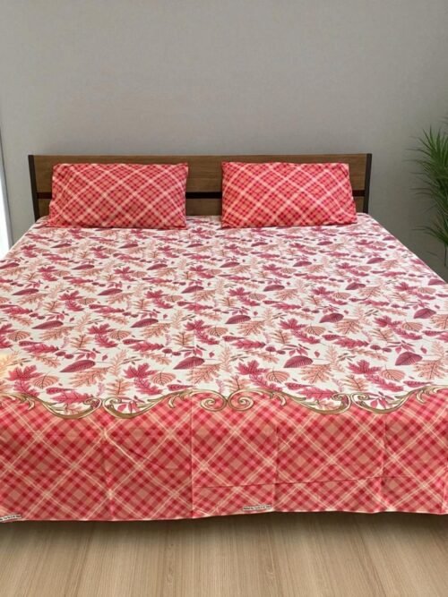3PcsPureCottonPrintedBedsheetKingSizewhite-Pink