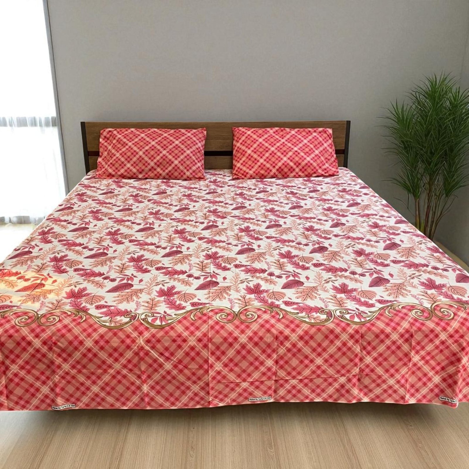 3PcsPureCottonPrintedBedsheetKingSizewhite-Pink