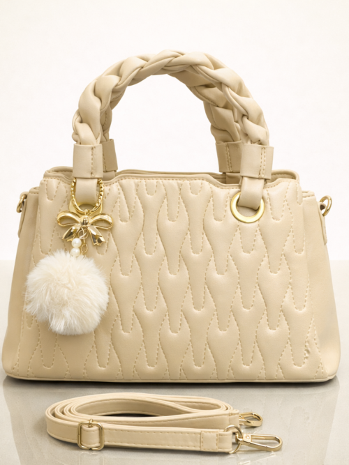 Beige Braided Handle Handbag with Pom-Pom Charm