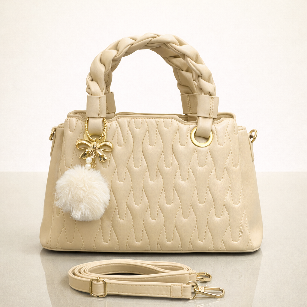 Beige Braided Handle Handbag with Pom-Pom Charm