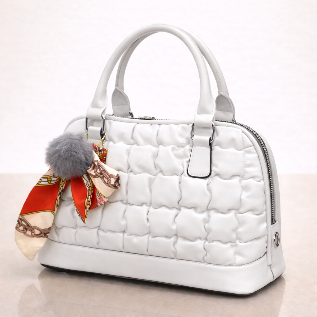 Elegant Quilted Handbag with Scarf Charm -White