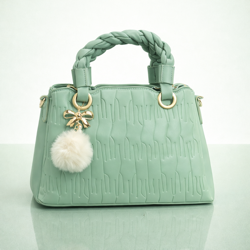 Mint Green Braided Handle Handbag with Pom-Pom Charm