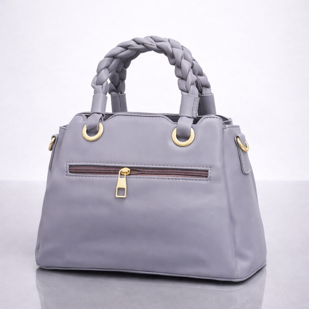 Purple Back Braided Handle Handbag with Pom-Pom Charm