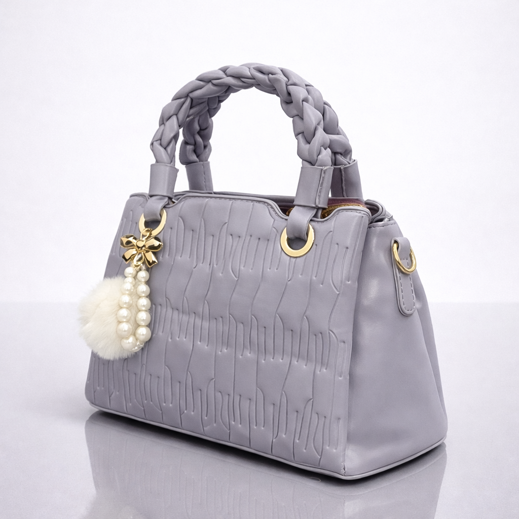 Purple Braided Handle Handbag with Pom-Pom Charm